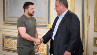 Former New Jersey Gov. Chris Christie speaks with reporters outside the Child Rights Protection Center in Kyiv, Ukraine, Aug. 4, 2023.