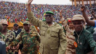 NIAMEY, Niger – August 6, 2023: Mohamed Toumba, one of the leading figures of the National Council for the Protection of the Fatherland, attends the demonstration of coup supporters and greets them at a stadium in the capital city of Niger. The 7-day deadline given by Economic Community of West African States (ECOWAS) to the military junta on July 30 for the release and reinstatement of President Mohamed Bazum expired at midnight.