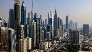 High-rise tower buildings along the central Sheikh Zayed Road in Dubai on July 3, 2023.