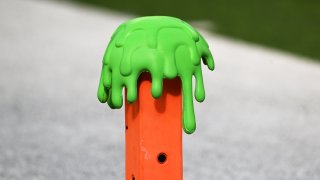 A nickelodeon slime hat rest on the end zone pylon on Dec. 25, 2022 in Inglewood, Colorado. Los Angeles Rams take on the Denver Broncos during a Christmas Day game at SoFi Stadium.