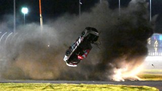 Ryan Preece barrel rolls along the back stretch during the NASCAR Cup Series auto race at Daytona International Speedway, Saturday, Aug. 26, 2023, in Daytona Beach, Fla.