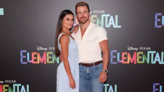 Hayley Erbert and Derek Hough at the premiere of “Elemental” at The Academy Museum of Motion Pictures on June 8, 2023 in Los Angeles.