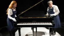 Freddie Mercury's Yamaha Grand Piano, estimated at 2-3 million pounds, on display at Sotheby's auction rooms in London, Thursday, Aug. 3, 2023. 