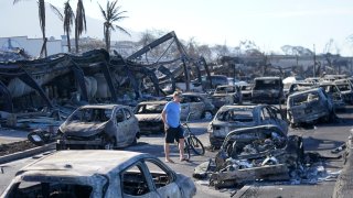 A man walks through wildfire wreckage