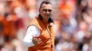 AUSTIN, TEXAS – APRIL 15: Head coach Steve Sarkisian of the Texas Longhorns reacts during the Texas Football Orange-White Spring Football Game at Darrell K Royal-Texas Memorial Stadium on April 15, 2023 in Austin, Texas.