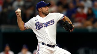 Max Scherzer #31 of the Texas Rangers pitches against the Chicago White Sox during the first inning at Globe Life Field on August 3, 2023 in Arlington, Texas.