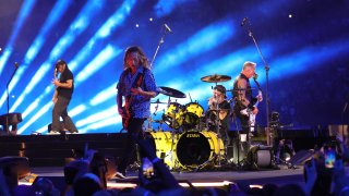 Robert Trujillo, Kirk Hammett, Lars Ulrich and James Hetfield perform at MetLife Stadium on August 06, 2023 in East Rutherford, New Jersey. (Photo by Kevin Mazur/Getty Images)
