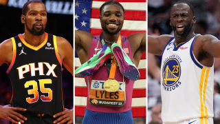 File photos of Kevin Durant, Noah Lyles and Draymond Green.