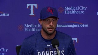 Pitcher Max Scherzer, introduced by the Texas Rangers, Aug. 1, 2023.