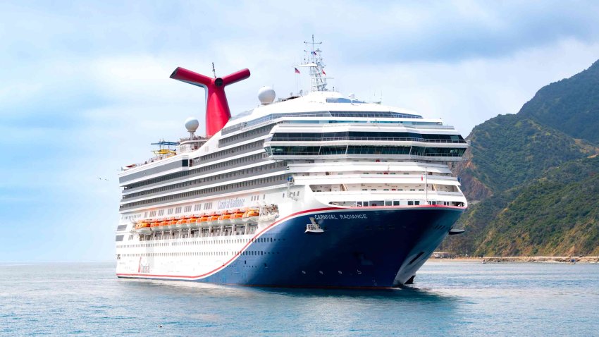 General views of the Carnival Radiance cruise ship at Avalon harbor on May 19, 2023 in Avalon, California.