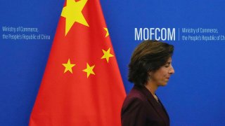 U.S. Commerce Secretary Gina Raimondo arrives for a meeting with her Chinese counterpart Wang Wentao, at the Ministry of Commerce in Beijing, Monday, Aug. 28, 2023.