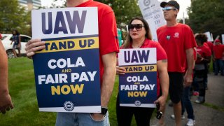 United Auto Workers members and supporters rally at the Stellantis North America headquarters on September 20, 2023 in Auburn Hills, Michigan.