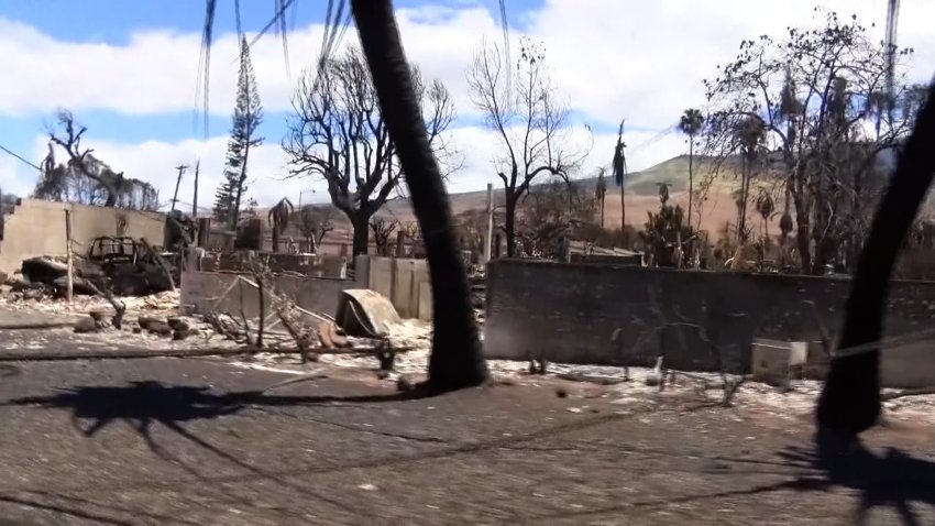 A row of buildings in Maui damaged by wildfires.