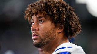 Dallas Cowboys offensive tackle Terence Steele looks on during a preseason NFL football game against the Seattle Seahawks, Saturday, Aug. 19, 2023, in Seattle. Steele agreed Sunday, Sept. 3, 2023, on an $86.8 million, five-year extension, a huge payday for an undrafted player coming off an ACL injury.