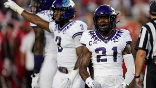 TCU safety Bud Clark (21) celebrates after a stop against Houston during the first half of an NCAA college football game Saturday, Sept. 16, 2023, in Houston.