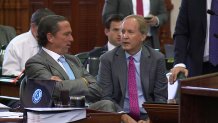 Defense attorney Tony Buzbee, left, and suspended Texas Attorney General Ken Paxton, right, at his impeachment hearing, Friday, Sept. 15, 2023.