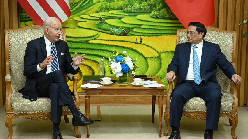 Vietnam’s Prime Minister Pham Minh Chinh and US President Joe Biden hold a meeting at the Government Office in Hanoi on September 11, 2023. The United States and Vietnam warned against the “threat or use of force” in the disputed South China Sea, days after the latest clash involving Chinese vessels.