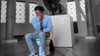 Health prize winner Seung-min Park with the “Smart Healthcare” toilet.