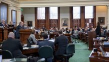 Attorney Erin Epley, right, questions witness Ray Chester, an attorney for the Mitte Foundation, during Day 7 of the Ken Paxton impeachment trial in Austin, Texas, Wednesday, Sept. 13, 2023.