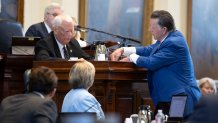 Defense attorney Dan Cogdell, right, questions witness David Maxwell, left, in the Ken Paxton impeachment trial, Friday, Sept. 8, 2023. 