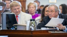 Prosecutors Rusty Hardin, left, and Dick DeGuerin, right, at the Ken Paxton impeachment trial on Friday, Sept. 8, 2023.