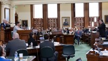 Dan Cogdell, right, questions Brandon Cammack, left, during Day 6 of the Ken Paxton impeachment trial, Tuesday, Sept. 12, 2023.