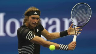 Alexander Zverev of Germany returns a shot against Jannik Sinner of Italy during their men’s singles fourth round match on Day 8 of the 2023 U.S. Open at the USTA Billie Jean King National Tennis Center on Sept. 4, 2023.