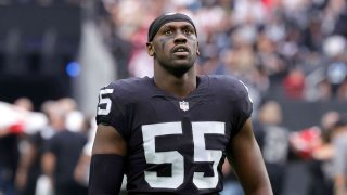 Defensive end Chandler Jones of the Las Vegas Raiders waits for the start of a game against the Arizona Cardinals at Allegiant Stadium on Sept. 18, 2022, in Las Vegas.