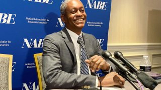 U.S. Atlanta Federal Reserve Bank President Raphael Bostic speaks to reporters at the National Association of Business Economics’ annual policy meeting in Washington, U.S. March 21, 2022.