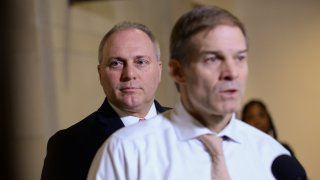 Rep. Steve Scalise (R-LA) and Rep. Jim Jordan (R-OH) speak to reporters during a break in testimony from Lt. Col. Alexander Vindman, director for European Affairs at the National Security Council, as part of the U.S. House of Representatives impeachment inquiry into U.S. President Trump led by the House Intelligence, House Foreign Affairs and House Oversight and Reform Committees on Capitol Hill in Washington, October 29, 2019.