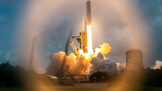 A SpaceX Falcon Heavy rocket with the Psyche spacecraft launches from NASA’s Kennedy Space Center in Cape Canaveral, Florida, on October 13, 2023.