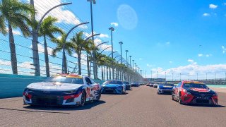 William Byron, driver of the No. 24 Liberty University Chevrolet, and Christopher Bell, driver of the No. 20 Rheem – WATTS Toyota, lead the field on a pace lap prior to the NASCAR Cup Series Dixie Vodka 400 at Homestead-Miami Speedway on Oct. 23, 2022 in Homestead, Fla.