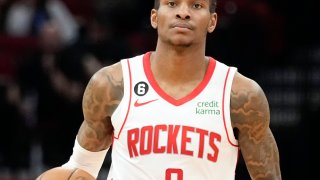 Houston Rockets guard Kevin Porter Jr. dribbles during the second half of an NBA basketball game against the Brooklyn Nets, March 7, 2023, in Houston. Porter was arrested Monday, Sept. 11, 2023, and charged with assault and strangulation after allegedly attacking his girlfriend at a New York City hotel.