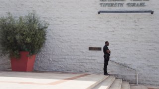 File. A security guard stands watch in front of a synagogue on October 9, 2023 in Los Angeles, California. Security is being increased at synagogues after the Palestinian militant group Hamas launched a massive surprise attack on Israel from the Gaza Strip on October 7.