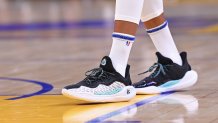 SAN FRANCISCO, CA - OCTOBER 7: The sneakers worn by Stephen Curry #30 of the Golden State Warriors on October 7, 2023 at Chase Center in San Francisco, California. NOTE TO USER: User expressly acknowledges and agrees that, by downloading and or using this photograph, user is consenting to the terms and conditions of Getty Images License Agreement. Mandatory Copyright Notice: Copyright 2023 NBAE (Photo by Noah Graham/NBAE via Getty Images)