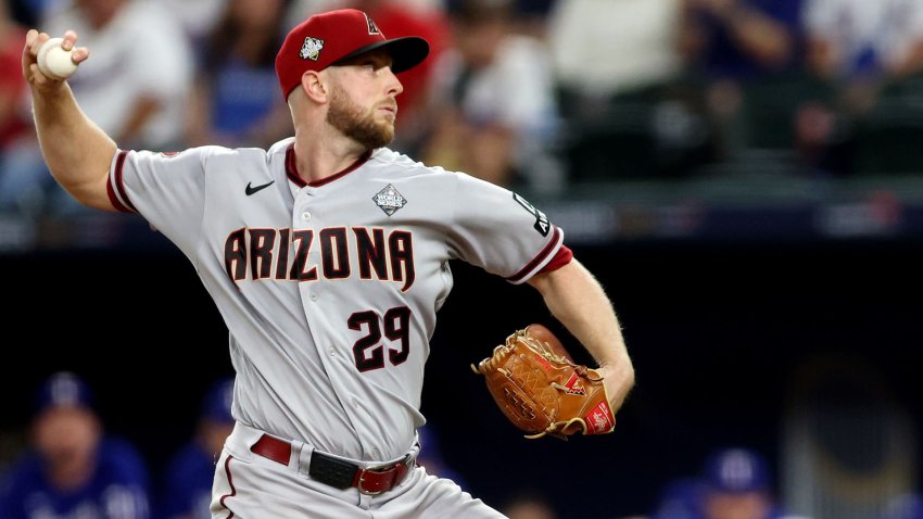 ARLINGTON, TX – OCTOBER 28:  Merrill Kelly #29 of the Arizona Diamondbacks pitches during Game 2 of the 2023 World Series between the Arizona Diamondbacks and the Texas Rangers at Globe Life Field on Saturday, October 28, 2023 in Arlington, Texas.