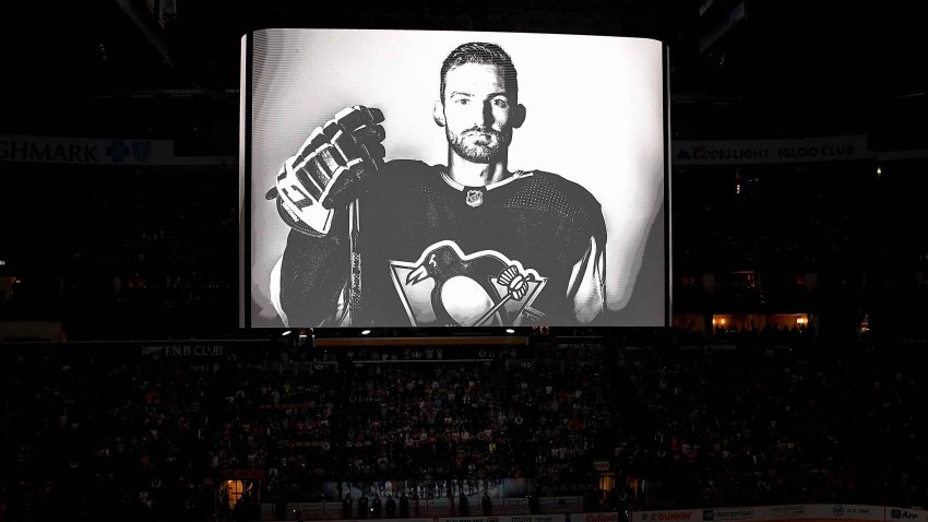 Adam Johnson is remembered before the game between the Pittsburgh Penguins and the Anaheim Ducks at PPG PAINTS Arena on Oct. 30, 2023, in Pittsburgh.