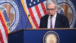 Federal Reserve Board Chairman Jerome Powell arrives to speak during a news conference following the Federal Open Market Committee meeting, at the Federal Reserve in Washington, DC, on June 14, 2023. 