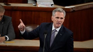 Former US House Speaker Kevin McCarthy, Republican of California, speaks before a third vote to elect a new speaker after he was ousted 17 days ago at the US Capitol in Washington, DC, on October 19, 2023. 