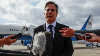 U.S. Secretary of State Antony Blinken speaks to the media about his meetings with Turkish counterparts, amid the ongoing conflict between Israel and the Palestinian Islamist group Hamas, before departing from Ankara Esenboga Airport in Ankara, Turkey November 6, 2023.