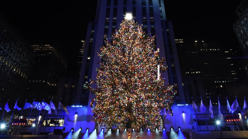 The Rockefeller Center Christmas Tree at night.