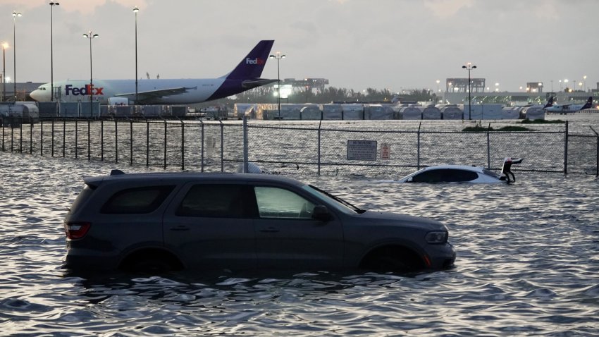 Flooding at Fort Lauderdale-Hollywood International Airport on Apr. 13, 2023, after heavy rain pounded South Florida a day earlier. The airport was closed for two days. (Joe Cavaretta/South Florida Sun-Sentinel/Tribune News Service via Getty Images)