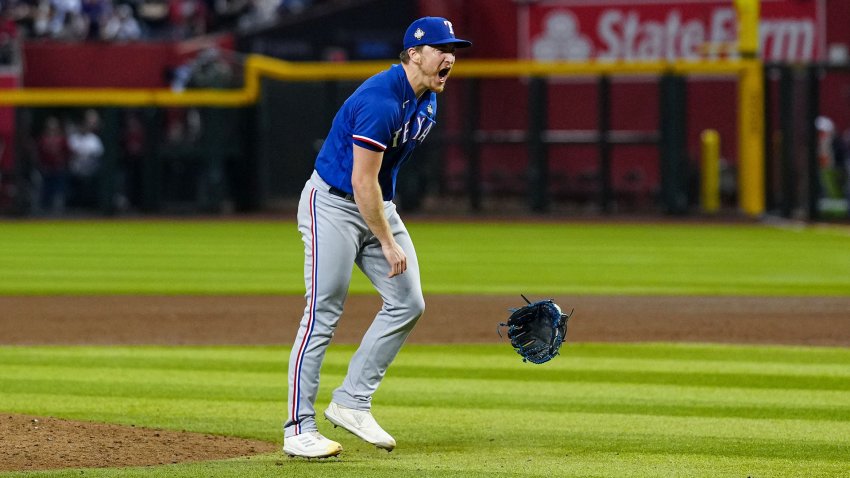 PHOENIX, AZ – NOVEMBER 01: Josh Sborz #66 of the Texas Rangers reacts after winning against the Arizona Diamondbacks in Game 5 of the 2023 World Series at Chase Field on Wednesday, November 1, 2023 in Phoenix, Arizona. The Texas Rangers won the World Series 5-0.