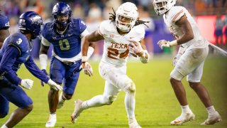 FORT WORTH, TX – NOVEMBER 11: Texas Longhorns running back Jonathon Brooks (24) runs the ball during a game between the Texas Longhorns and TCU Horned Frogs college football game on November 11, 2023 at Amon G. Carter Stadium in Fort Worth, TX. (Photo by Chris Leduc/Icon Sportswire via Getty Images)