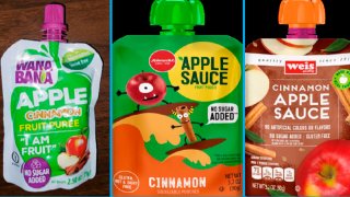 This image provided by the U.S. Food and Drug Administration on Nov. 17, 2023, shows three recalled applesauce products - WanaBana apple cinnamon fruit puree pouches, Schnucks-brand cinnamon-flavored applesauce pouches and variety pack, and Weis-brand cinnamon applesauce pouches.