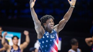 Frederick Richard of the United States celebrates his bronze medal victory in the Men’s All-Around Final at the Artistic Gymnastics World Championships-Antwerp 2023 at the Antwerp Sportpaleis on October 5th, 2023 in Antwerp, Belgium.