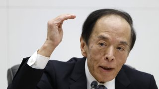 Kazuo Ueda, governor of the Bank of Japan (BOJ), gestures as he speaks during a news conference at the central bank’s headquarters in Tokyo, Japan, on Tuesday, Oct. 31, 2023.