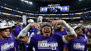 Washington cornerback Kamren Fabiculanan celebrates the team’s win over Oregon in the Pac-12 championship NCAA college football game Friday, Dec. 1, 2023, in Las Vegas. (AP Photo/David Becker)