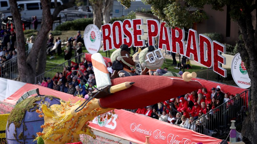 Pasadena, CA – January 02:  A view of the Bazic Products float, which won the Crown City Innovator award, during the 2023 Tournament of Roses Parade on Orange Grove Blvd., just before turning onto Colorado Blvd. in Pasadena Monday, Jan. 2, 2023. Turning the Corner was this years theme. (Allen J. Schaben / Los Angeles Times via Getty Images)