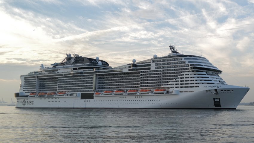 The MSC Meraviglia cruise ship leaves the port of New York on December 9, 2023. (Photo by Charly TRIBALLEAU / AFP)